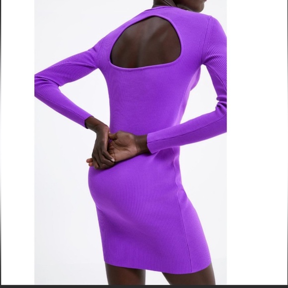Zara ribbed long sleeves bodycon dress back openning , vibrant purple, stretch - Picture 3 of 10